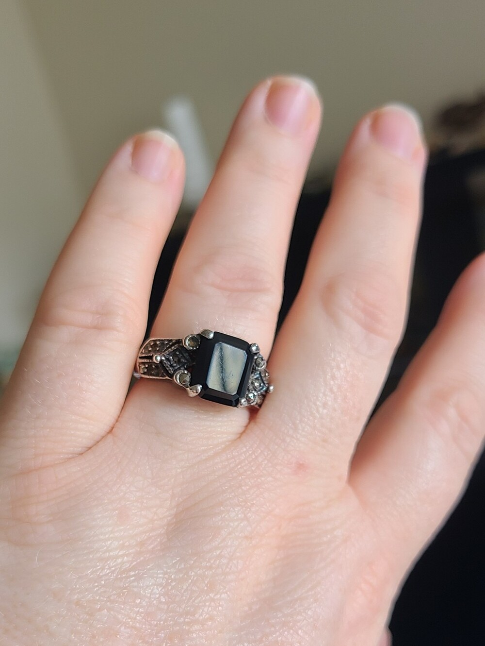 Vintage Black Onyx And Marcasite Sterling Cocktail Ring - Picture 2 of 10